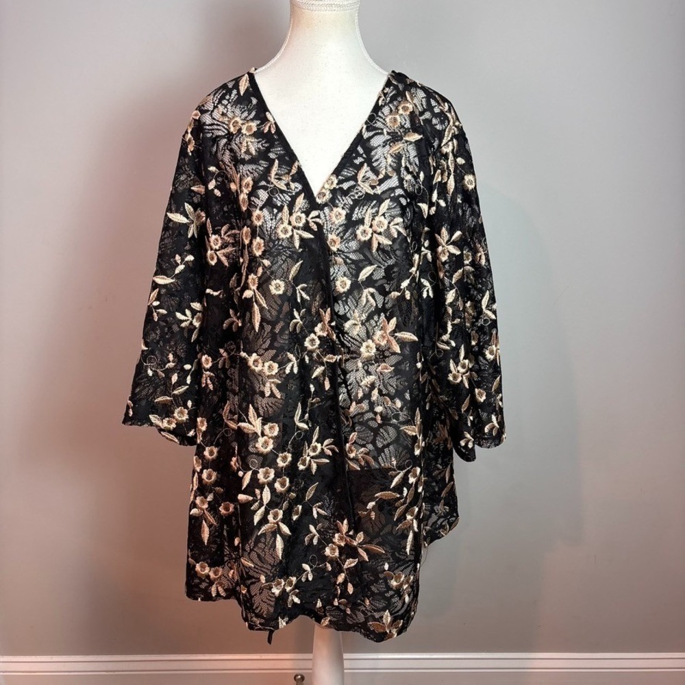 NWT Catherines Womens Black Floral Lace Semi-Sheer Open Front Kimono Cardigan 2X